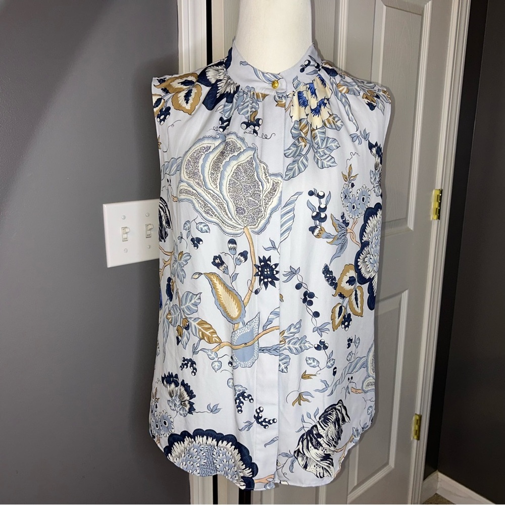 Tory Burch 100% Silk Blue Floral High Neck Sleeveless Shirt Size 6